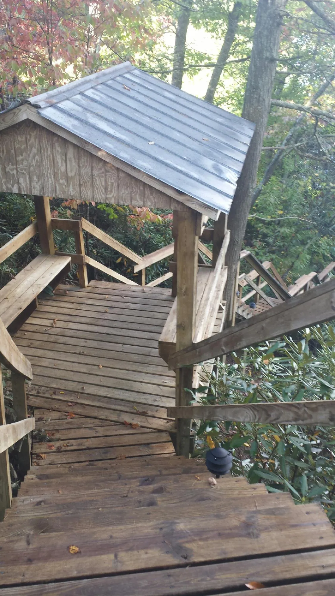 Metal roofed shelter over wooden steps on a wooded walkway — Skylight Repair & Installation work by our crew in Otter Rock
